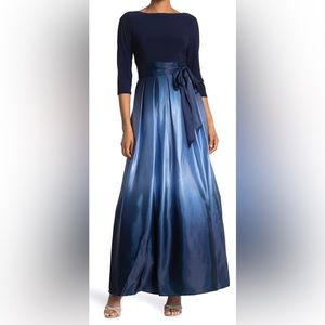 SLNY Blue Ombre Satin Boat Neck 3/4 Sleeve Tie Waist Pocketed Ball Gown NWT